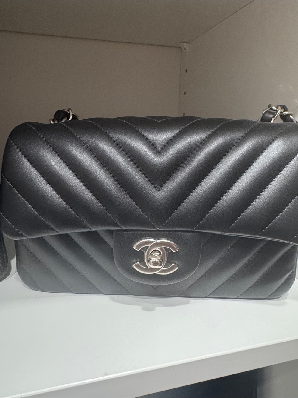 Chanel mini rectangle chevron black with silver hardware
